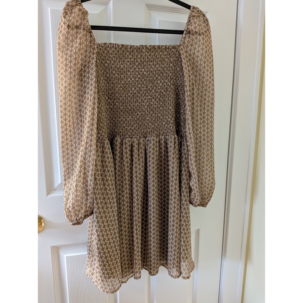 Kourt Tan Calypso Fan Print Smocked Boho Dress Metallic Stripe XL Womens - Picture 5 of 9